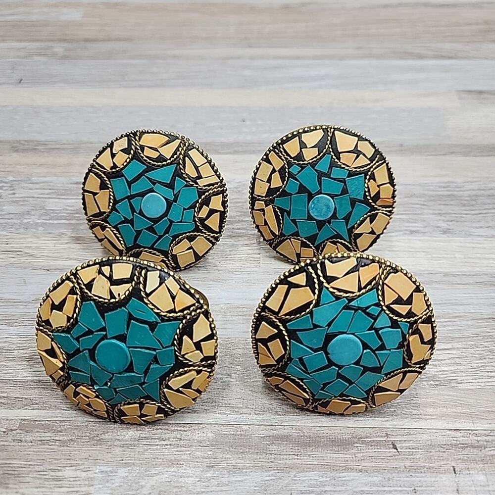 Vintage Set of 4 Multicolor Mosaic Brass Napkin Rings Holders